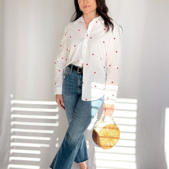 Women's Heart Embroidered Button Down Long Sleeve Top | White - Picture 7 of 7